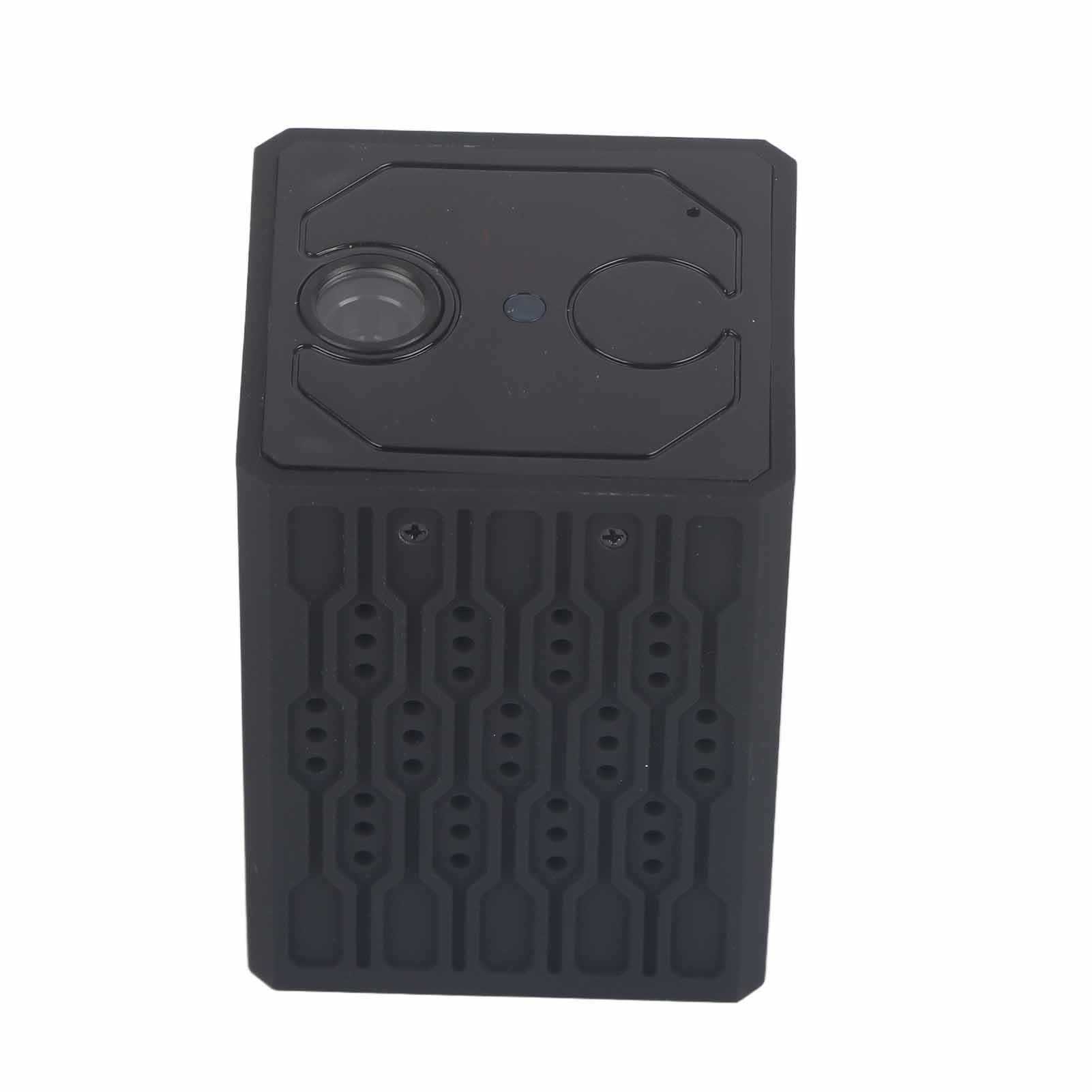 Schwarze Kamera mit Linse und Muster auf der Seite.