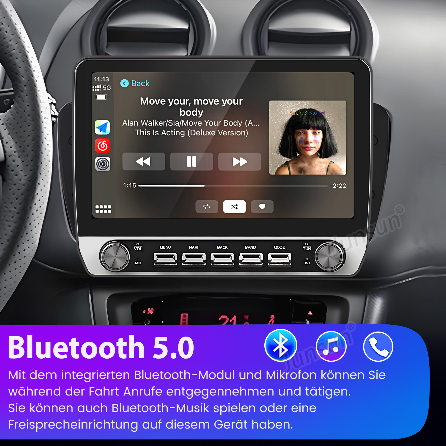 Auto-Infotainment-Bildschirm zeigt Musikwiedergabe mit Albumcover und Steuerelementen.