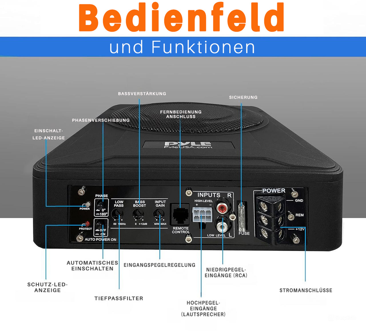 Ein schwarzer Pyle-Verstärker mit beschrifteten Anschlüssen und Bedienelementen.