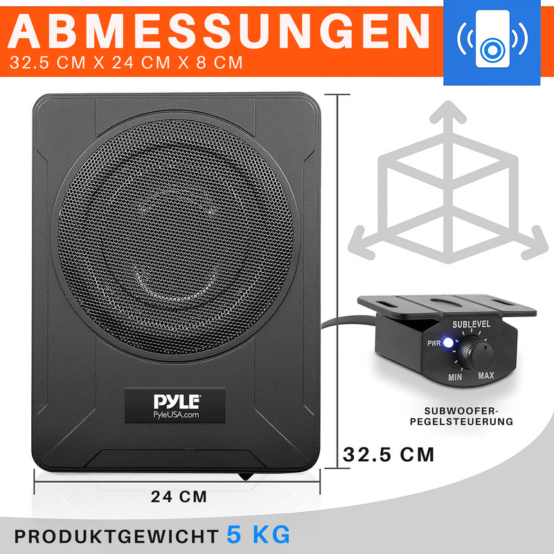 Schwarzer Subwoofer mit Bedienfeld und Abmessungen 32.5x24x8 cm.