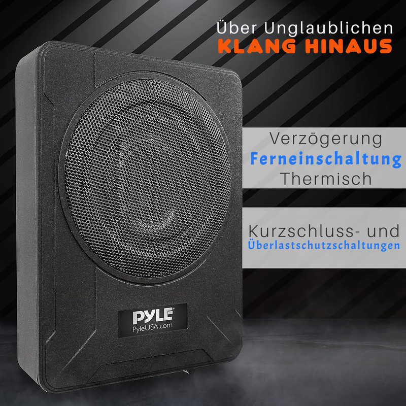 Ein schwarzer Pyle-Subwoofer mit Mesh-Lautsprecherabdeckung und Textüberlagerungen.