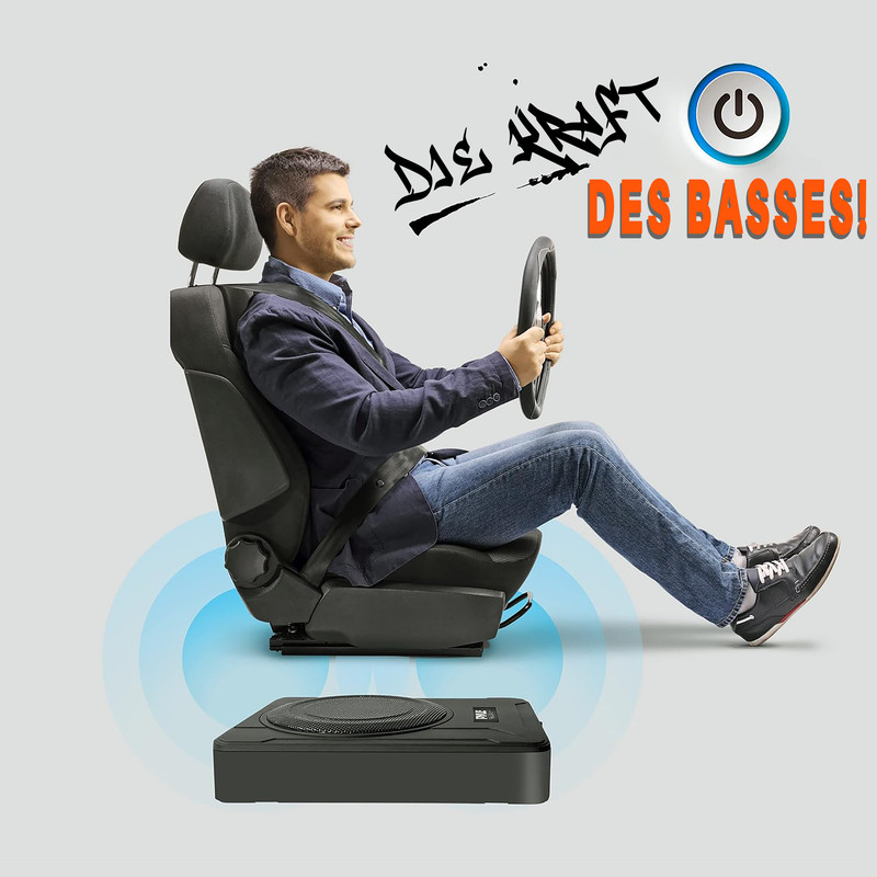 Mann im Auto Sitz mit Lenkrad und Subwoofer, "Die Kraft des Basses!"
