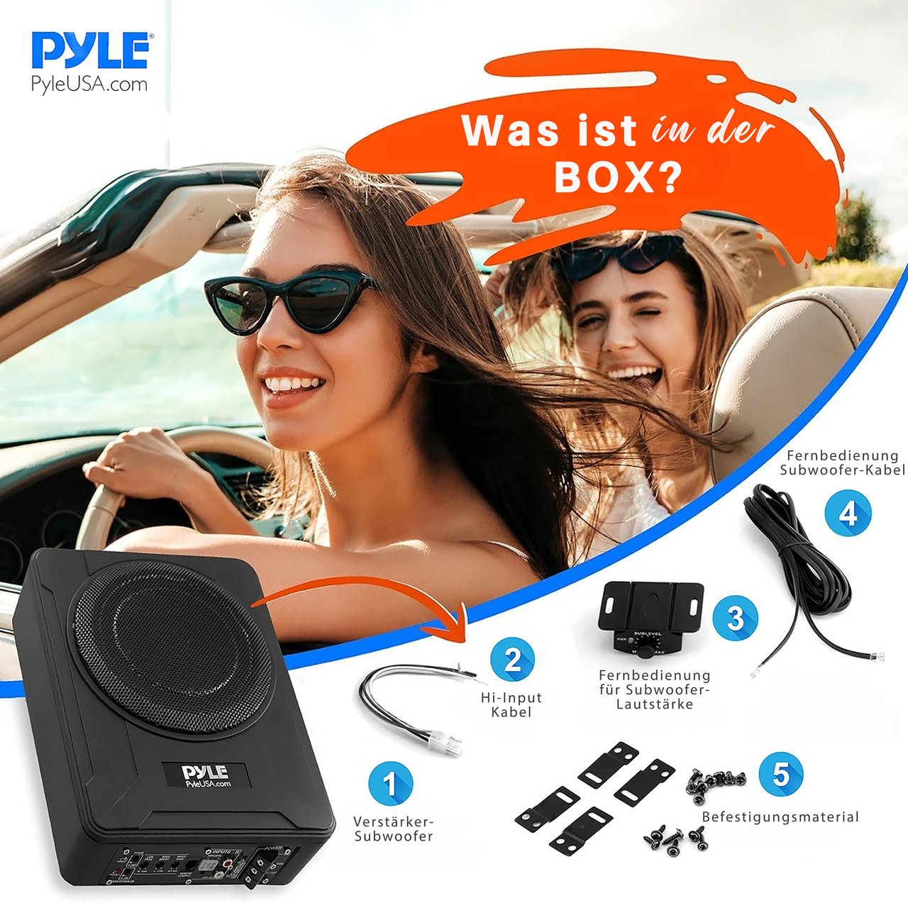 Zwei Frauen fahren Auto mit einem Subwoofer und Zubehör.