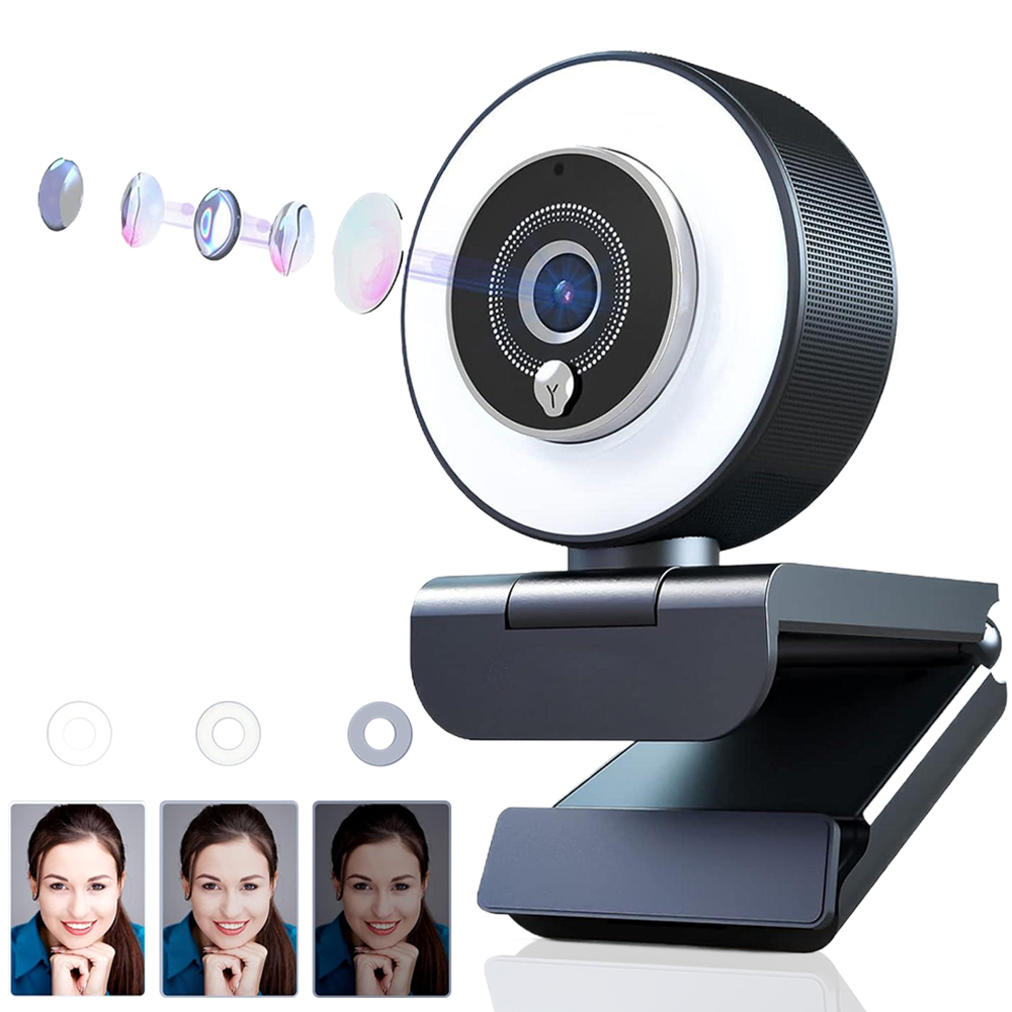Webcam mit Linsenelementen, Ringlicht und Porträtbeispielen.