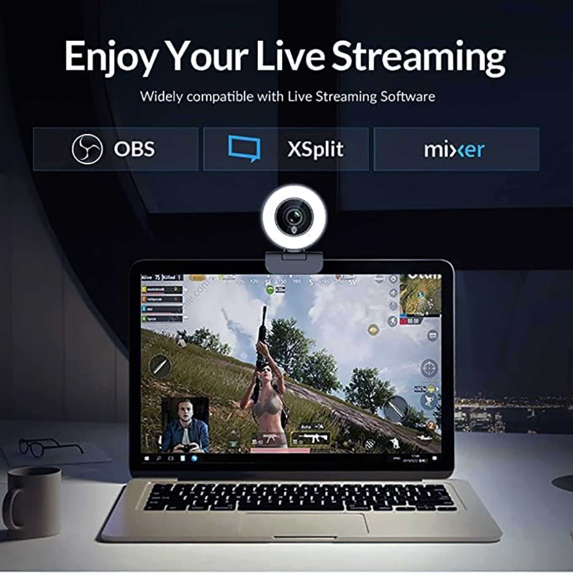 Laptop mit Webcam, zeigt Spiel & Streamer. OBS, XSplit, Mixer Logos.