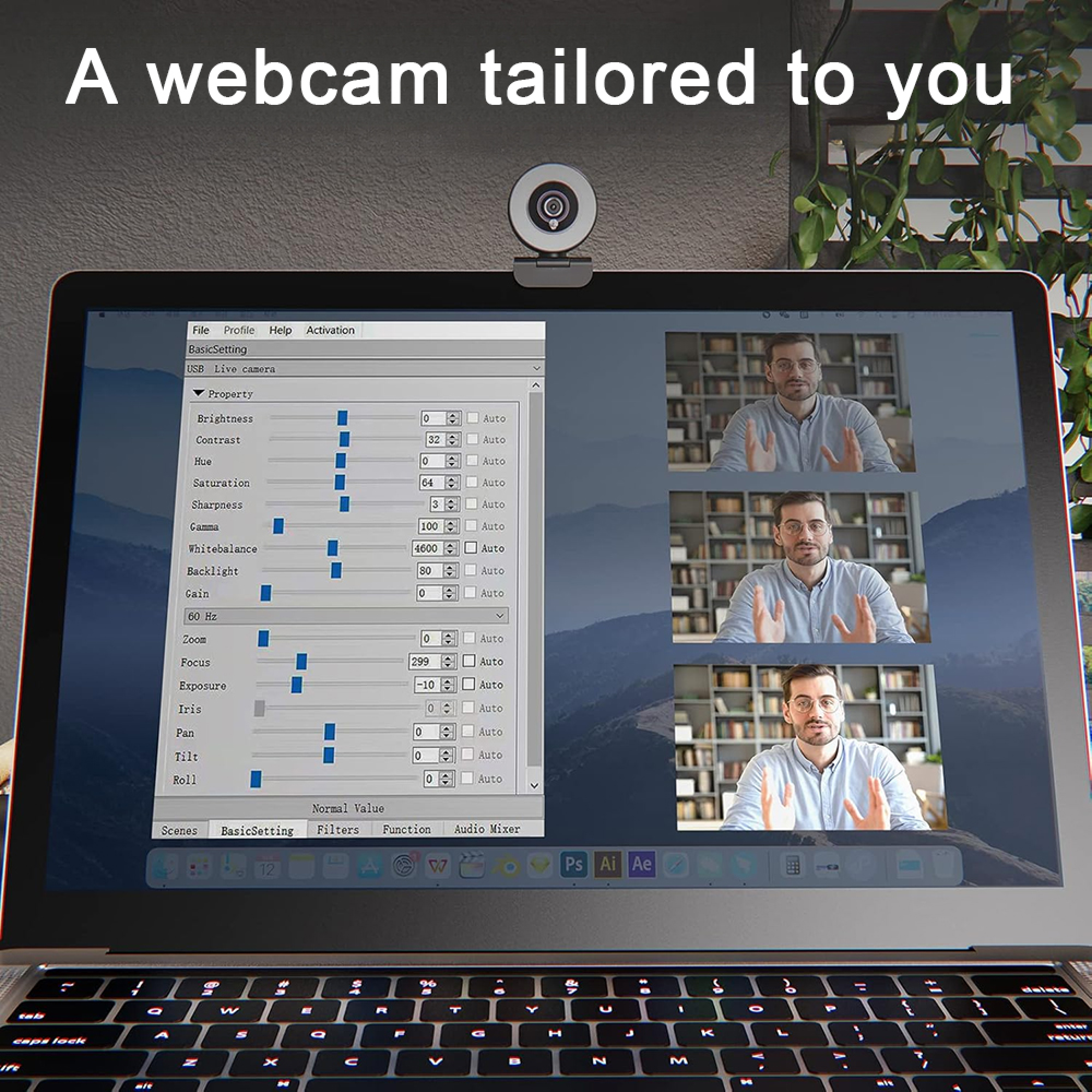 Ein Laptop zeigt eine Webcam-Steuerungssoftware mit drei Video-Feeds eines Mannes.