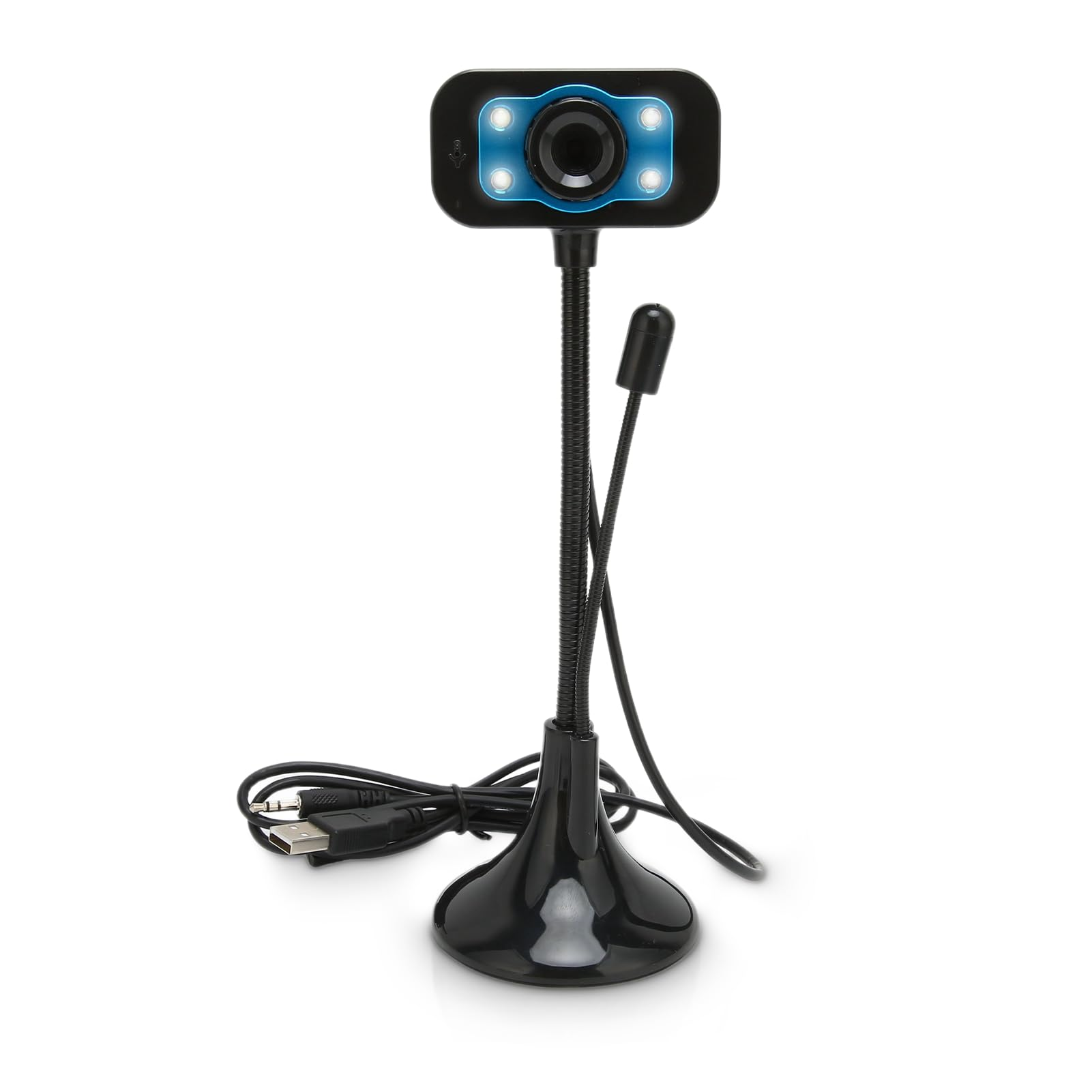 Ein schwarzes Webcam mit Mikrofon und USB-Kabel auf einem weißen Hintergrund.