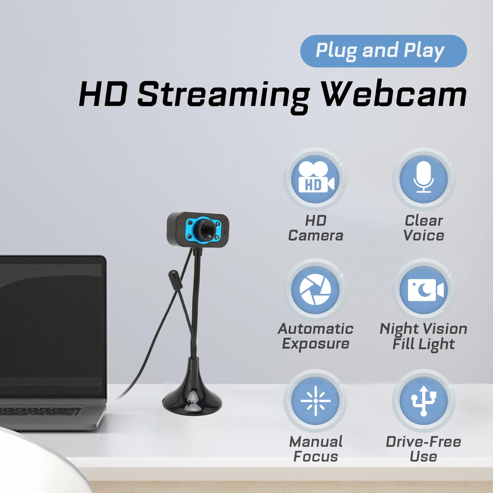 HD Streaming Webcam mit Laptop, 6 Funktionen: HD Kamera, klare Stimme, Nachtlicht.