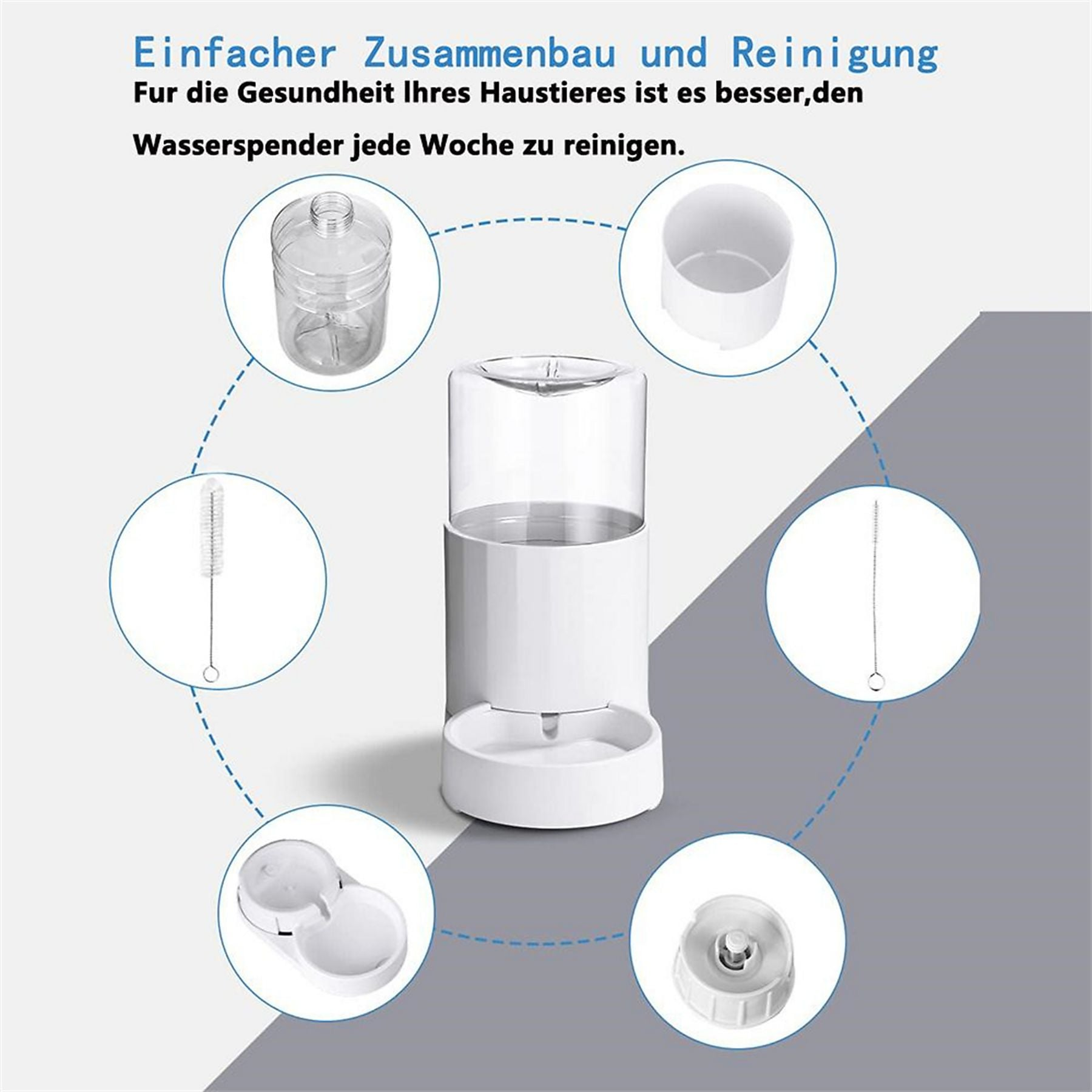 Wei0er Haustier-Wasserspender mit Zubeh0or und Reinigungsb0urste.