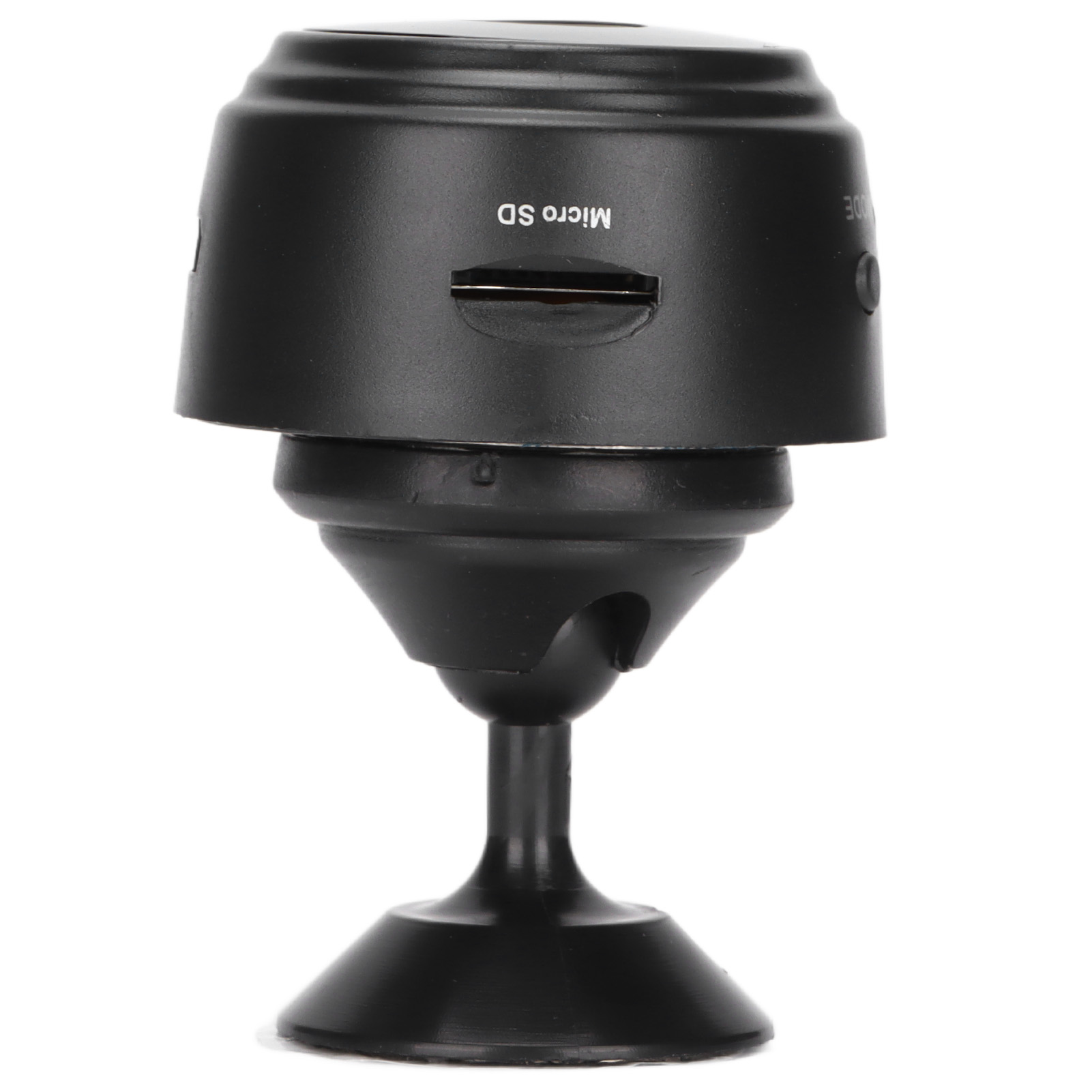 Kleine schwarze Kamera mit Micro-SD-Kartenslot und Sockel.