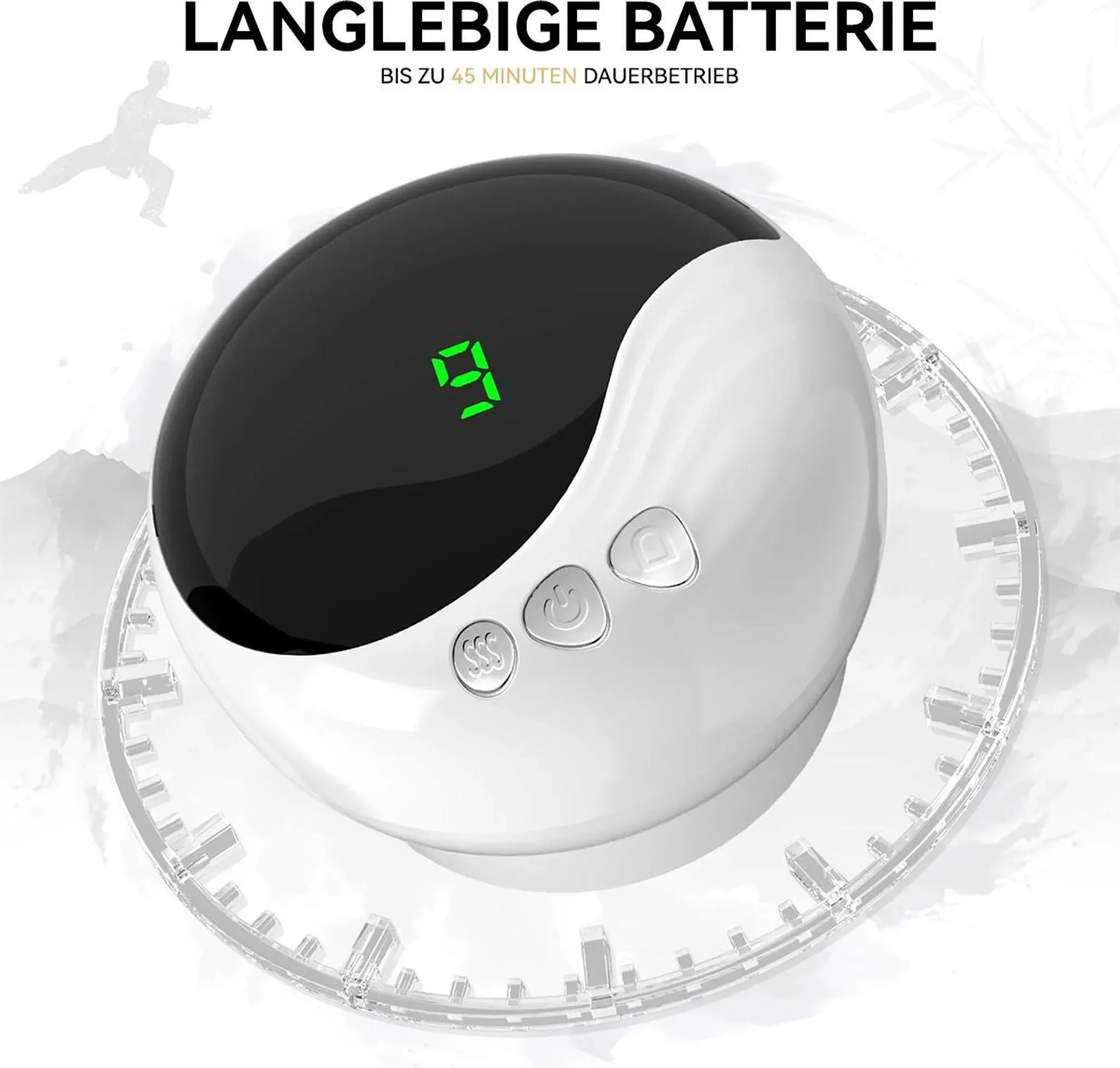 Ein weißes und schwarzes Gerät mit grüner Digitalanzeige und Symboltasten.