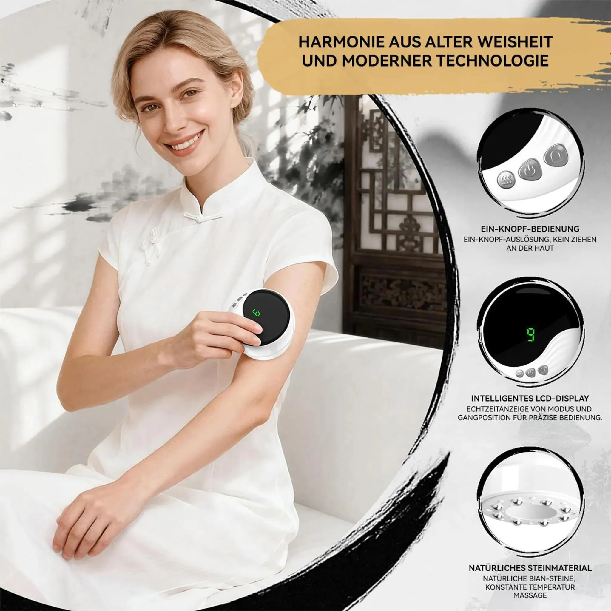 Frau mit weißem Kleid hält Gerät am Arm, das Harmonie und Technologie symbolisiert.