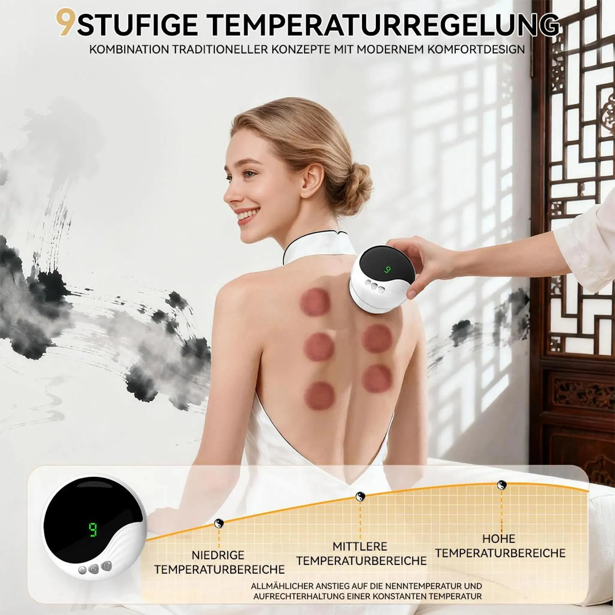 Frau mit Schröpfgläsern auf dem Rücken, ein Gerät wird gehalten. Temperaturstufen.