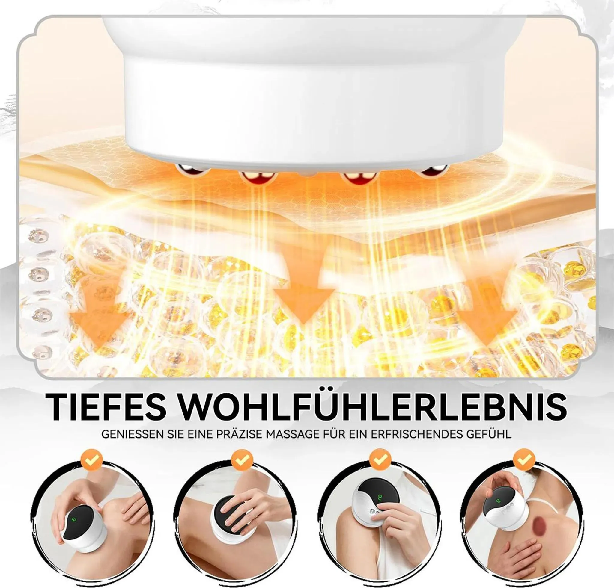 Das Bild zeigt ein Massagegerät und seine Anwendung am Körper.