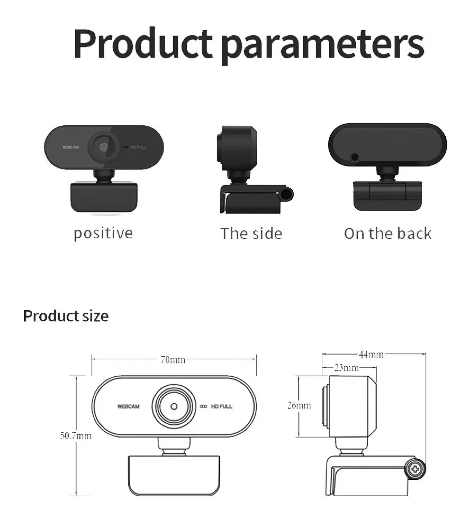Produktparameter und -größe für eine schwarze Webcam.
