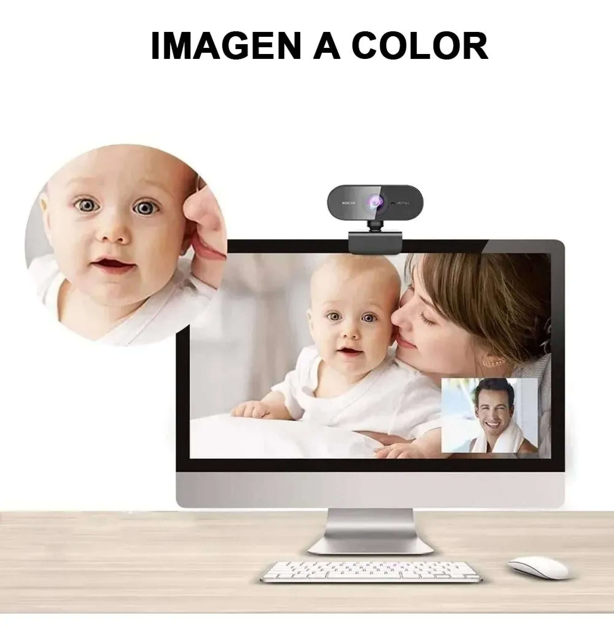 Ein Baby auf einem Computerbildschirm mit einer Webcam und einer Maus.