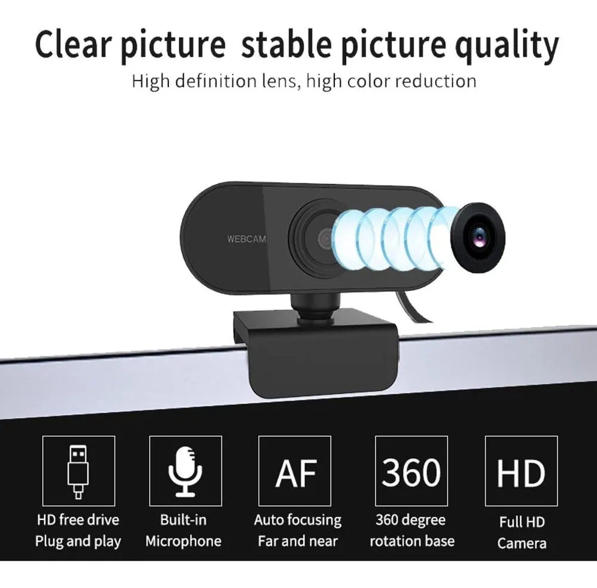 Eine schwarze Webcam mit HD-Linse, Mikrofon, Autofokus und 360-Grad-Basis.