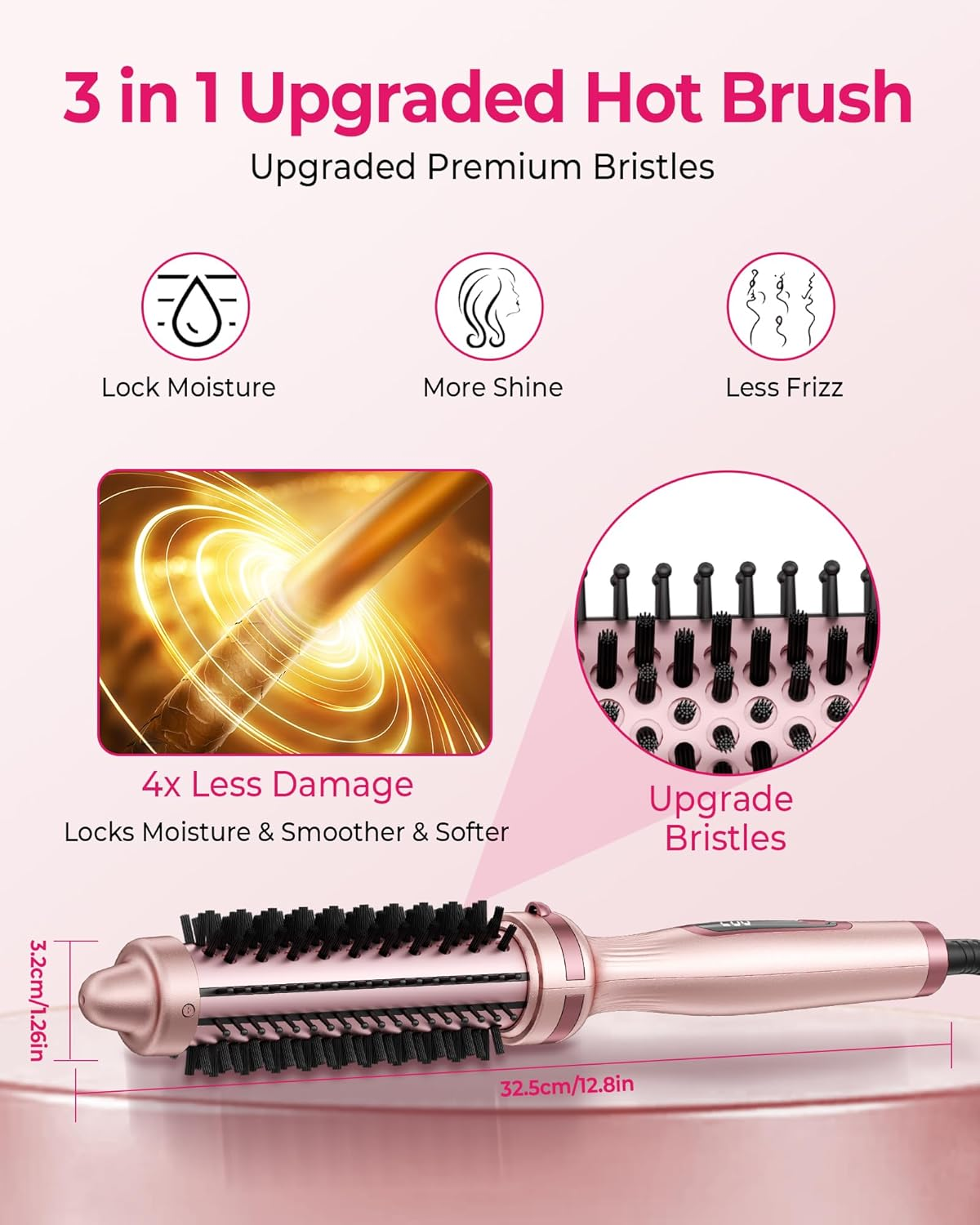 Ein rosa 3-in-1-Glätteisen mit Bürste und LCD-Anzeige. Links: Details zu Feuchtigkeit, Glanz, weniger Frizz.