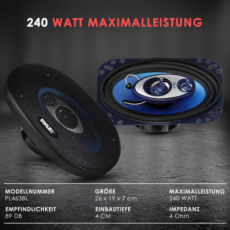Zwei Pyle-Lautsprecher, einer mit schwarzem Gitter, der andere mit blauem Konus.