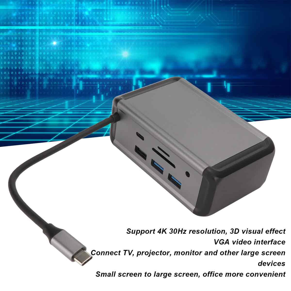 Grauer USB-C-Hub mit Kabel, digitale Hintergrundgrafik. Unterstützt 4K.