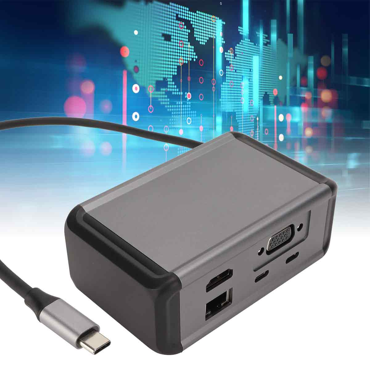Grauer Adapter mit Kabel, Anschlüssen: HDMI, USB, VGA. Hintergrund Weltkarte.
