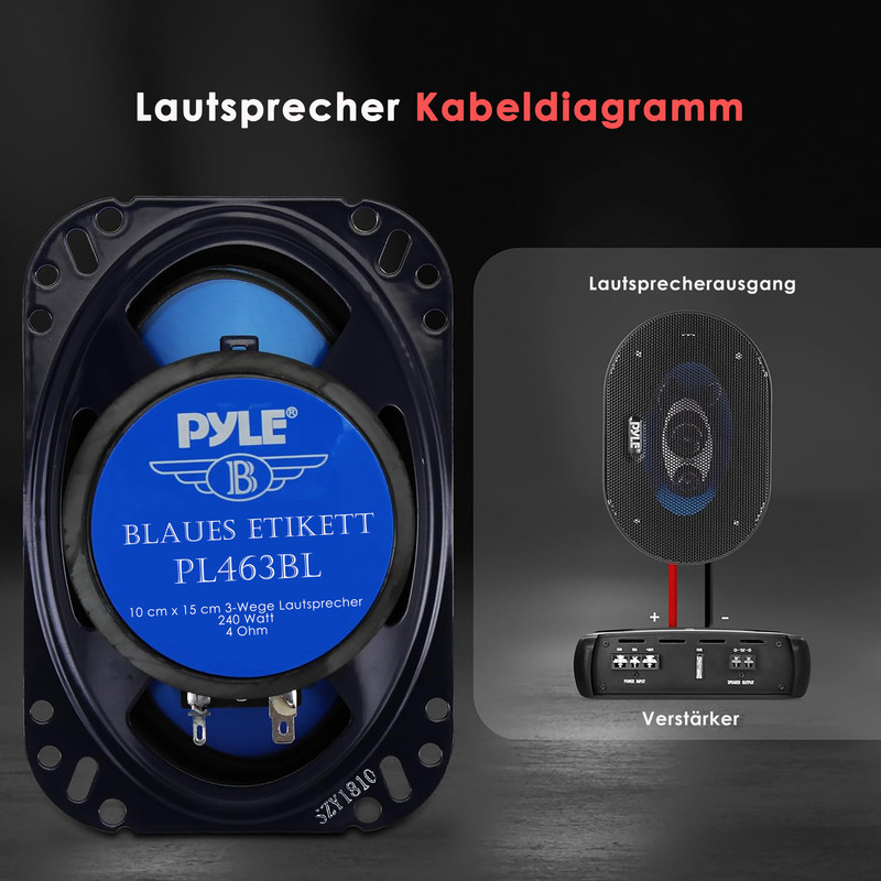 Lautsprecher-Kabeldiagramm mit Pyle-Lautsprecher und Verstärker.