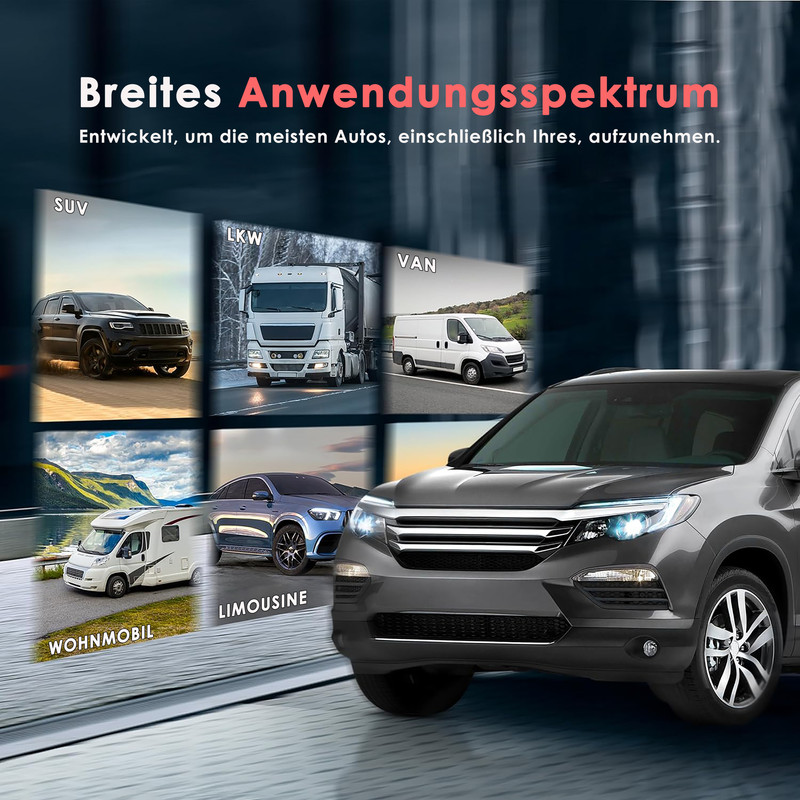 Grauer SUV im Vordergrund, kleine Bilder von SUV, LKW, Van, Wohnmobil, Limousine.