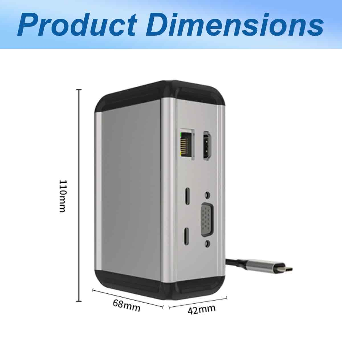 Grauer Mini-PC mit Anschlüssen, 110x68x42mm.
