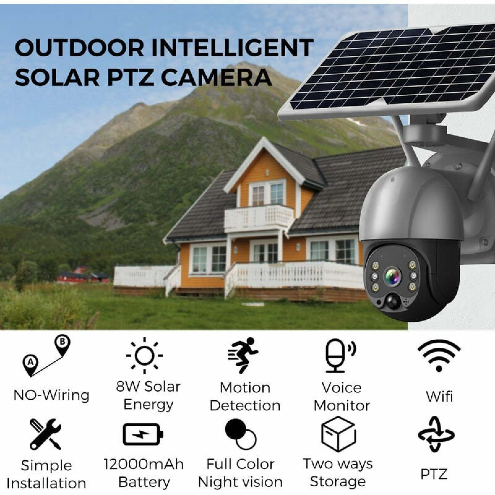 Außenkamera mit Solar, am Haus, mit Symbolen für Funktionen: ohne Kabel, Solar, Bewegung, Stimme, WLAN, einfache Installation, Akku.