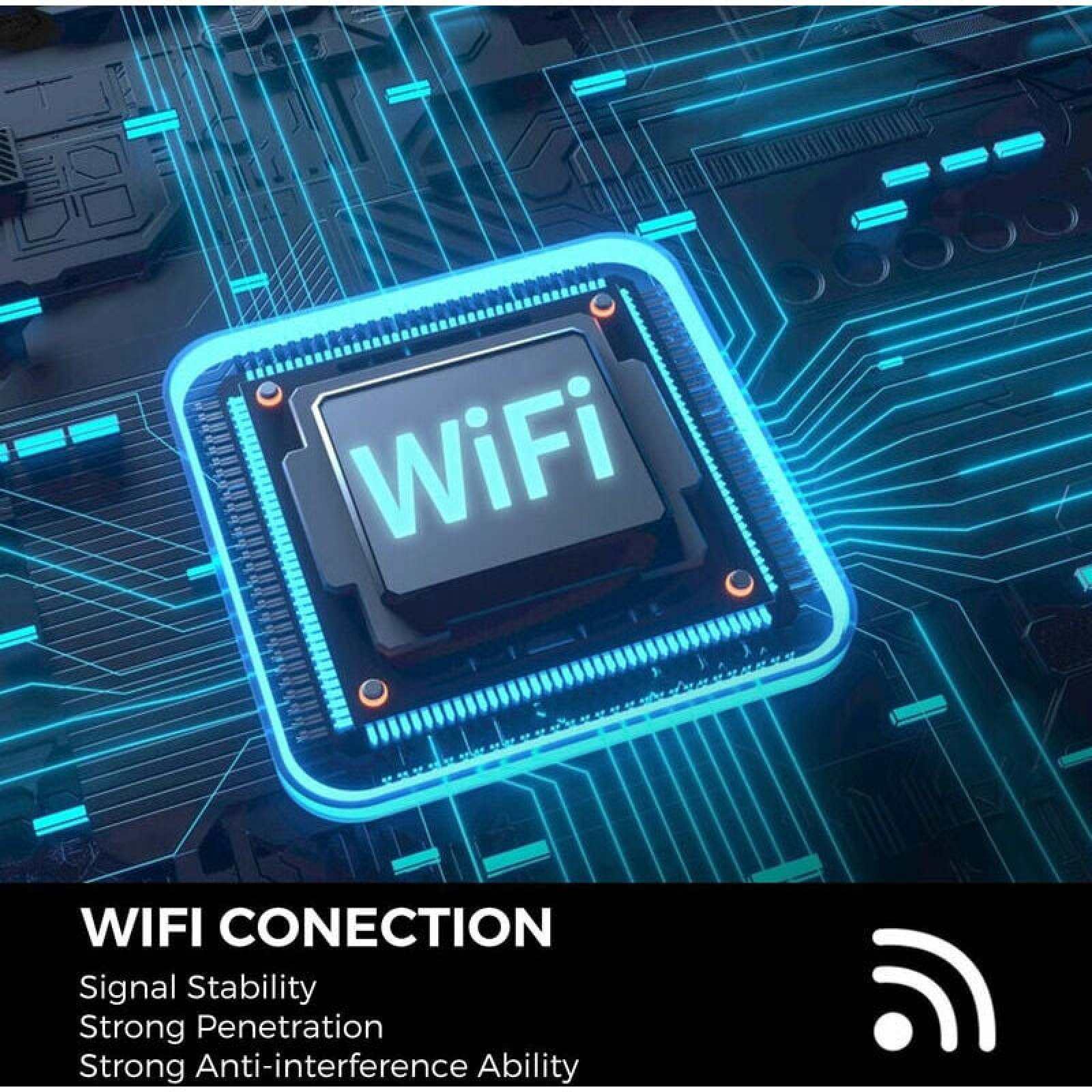 Ein WiFi-Chip auf einer Leiterplatte mit blauen Stromkreisen.