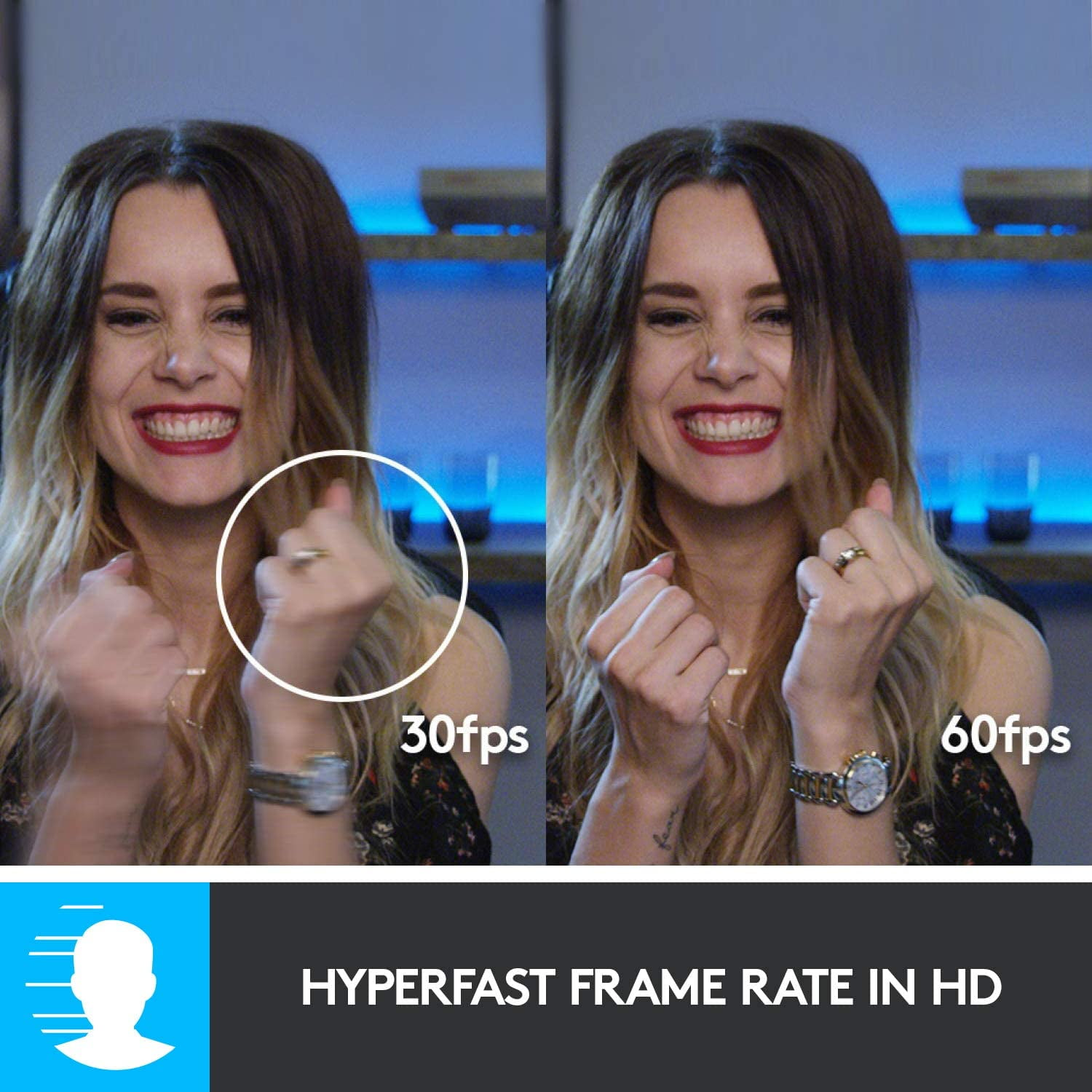 Vergleich von 30fps und 60fps: Frau mit geballten Fäusten, lächelnd, im Hintergrund Regale.