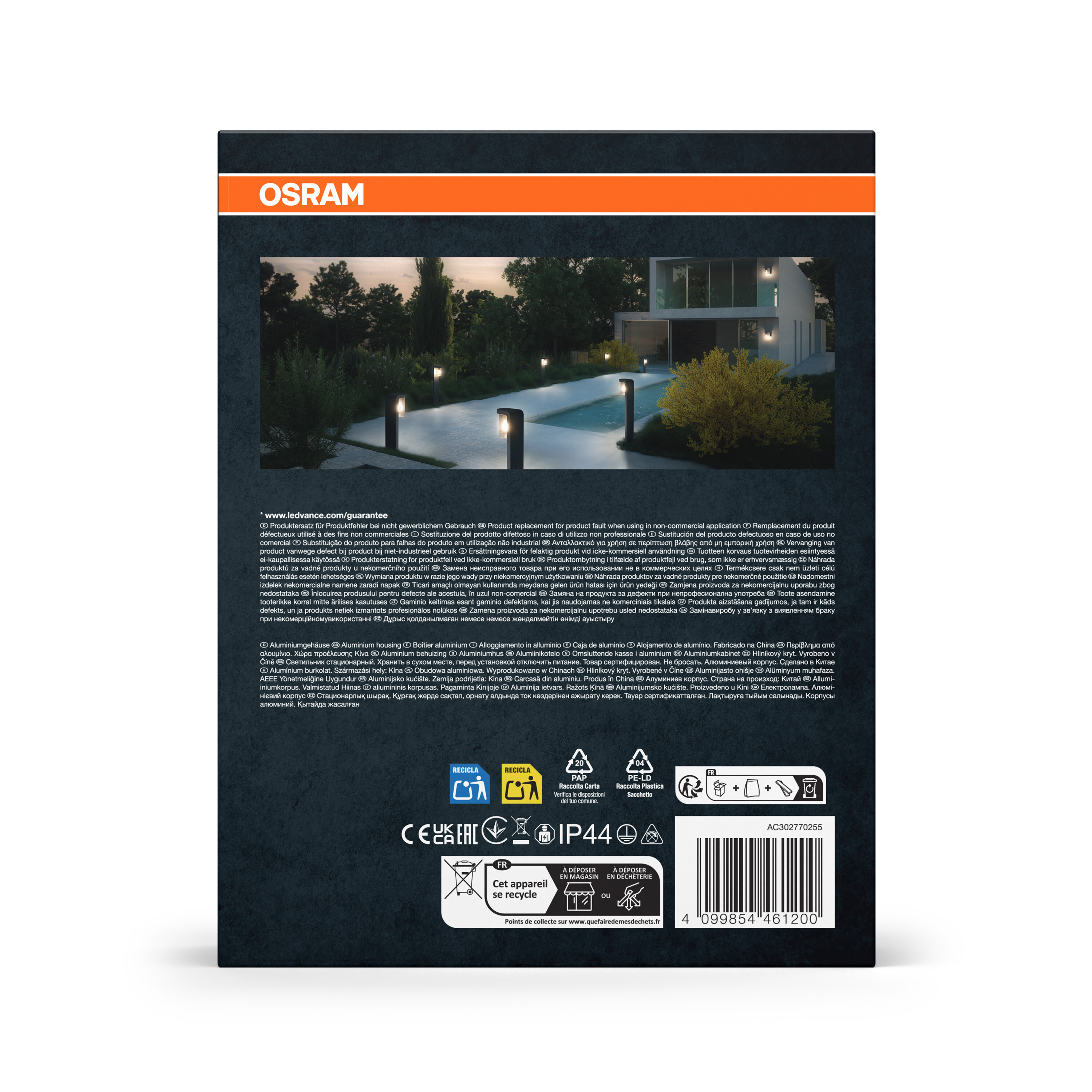Osram Produktverpackung mit Bild eines modernen Gartens mit Beleuchtung.