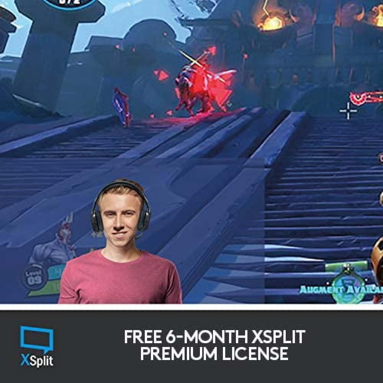 Mann mit Kopfhörern lächelt. Spielszene im Hintergrund. Kostenlose XSplit-Lizenz.