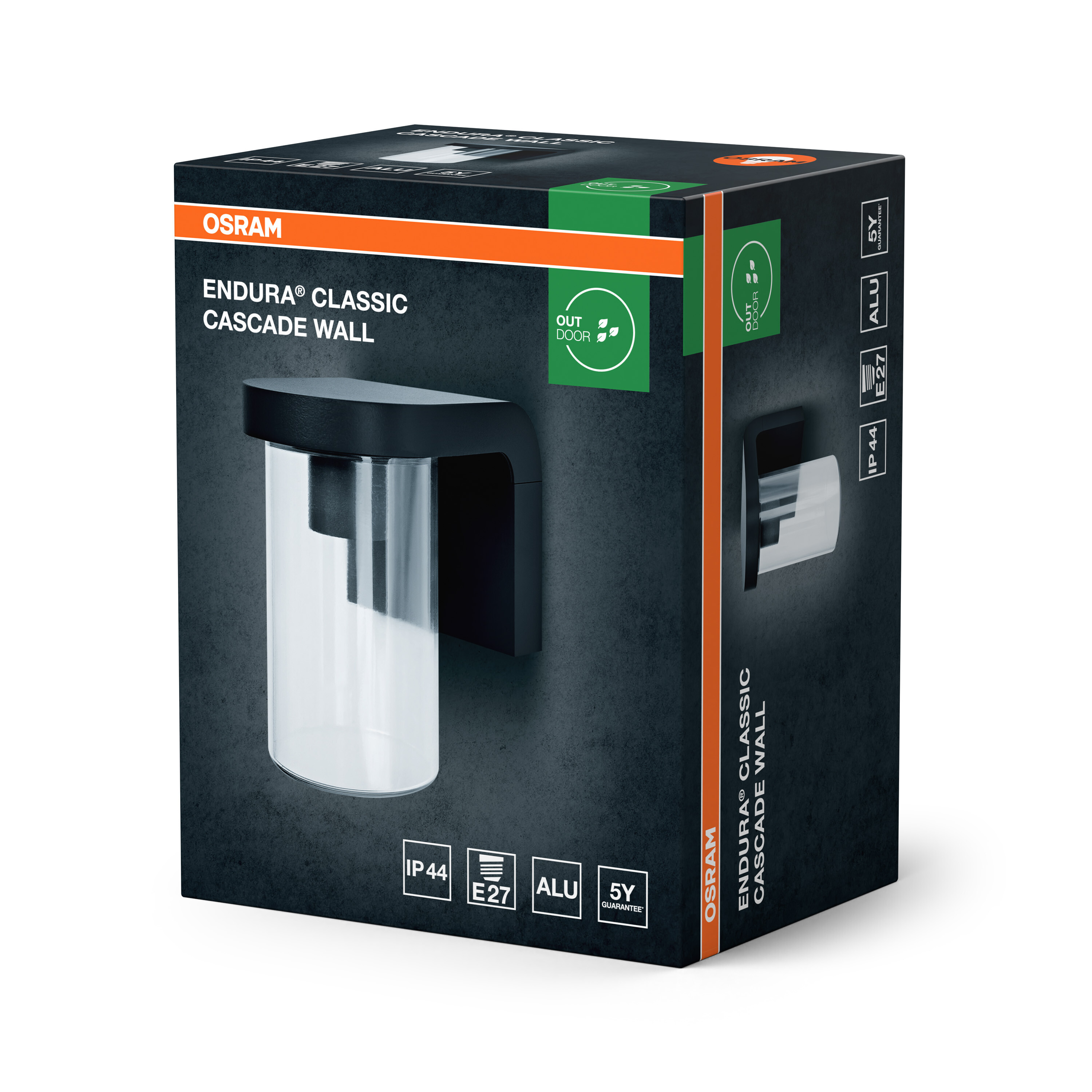 OSRAM Endura Classic Cascade Wandleuchte Verpackung. Schwarz mit orangefarbenem Band.