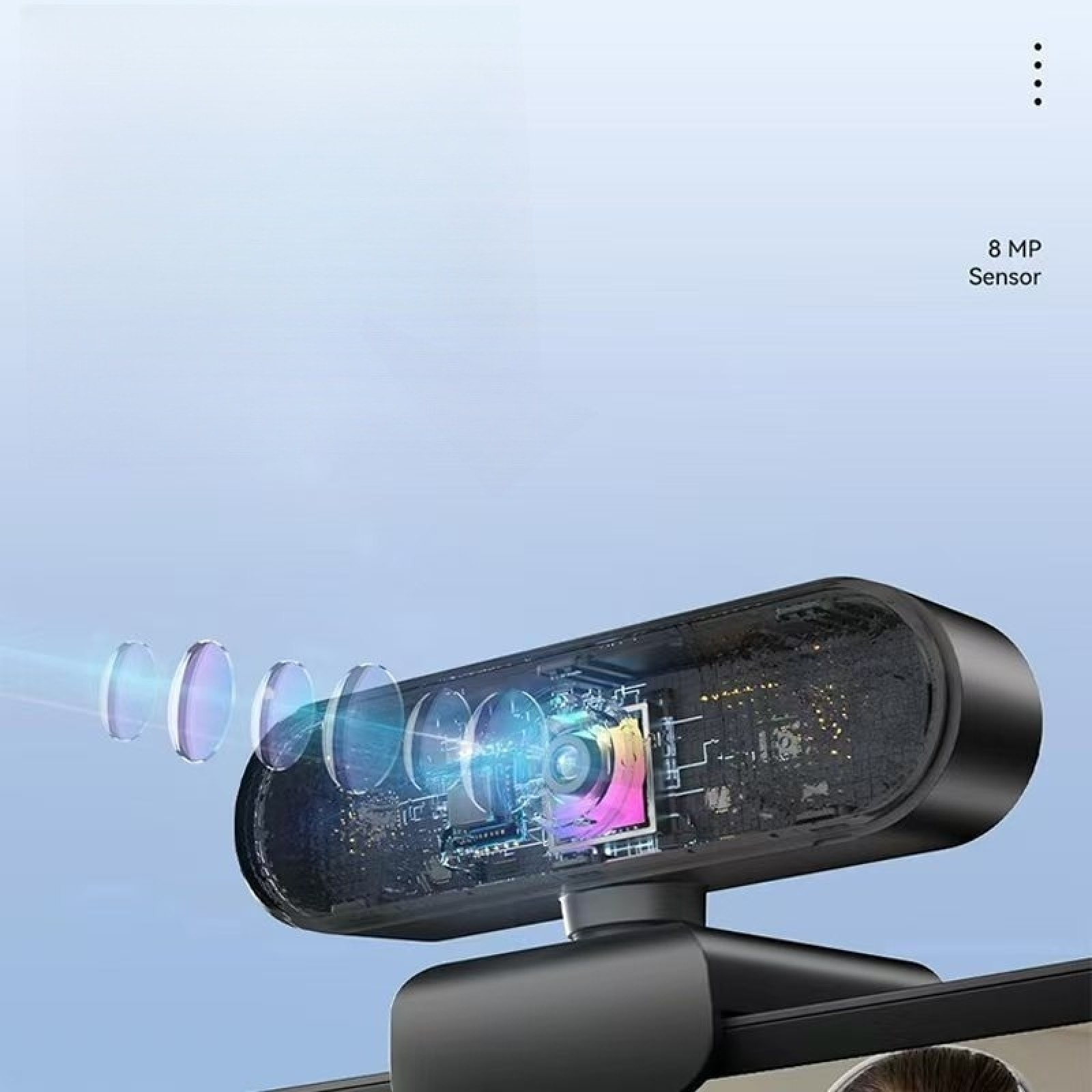 Eine durchsichtige Webcam zeigt Linsen und Schaltkreise. 8 MP Sensor.