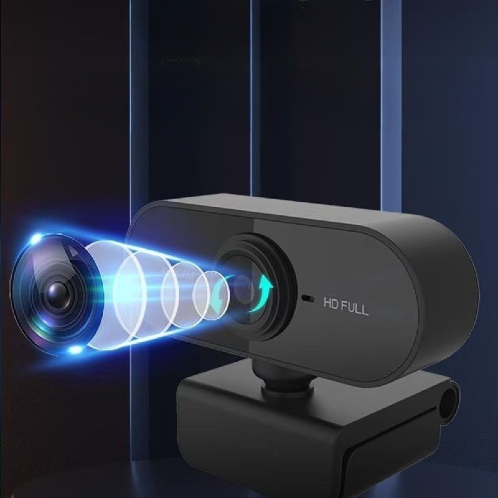 Eine schwarze HD-Webcam mit einem Objektiv, das Lichtstrahlen erzeugt.