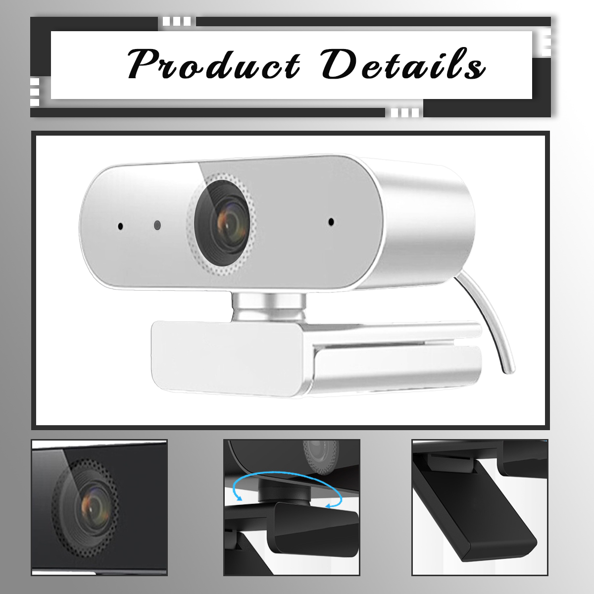 Silberne Webcam mit flexibler Halterung und Kameradetails.