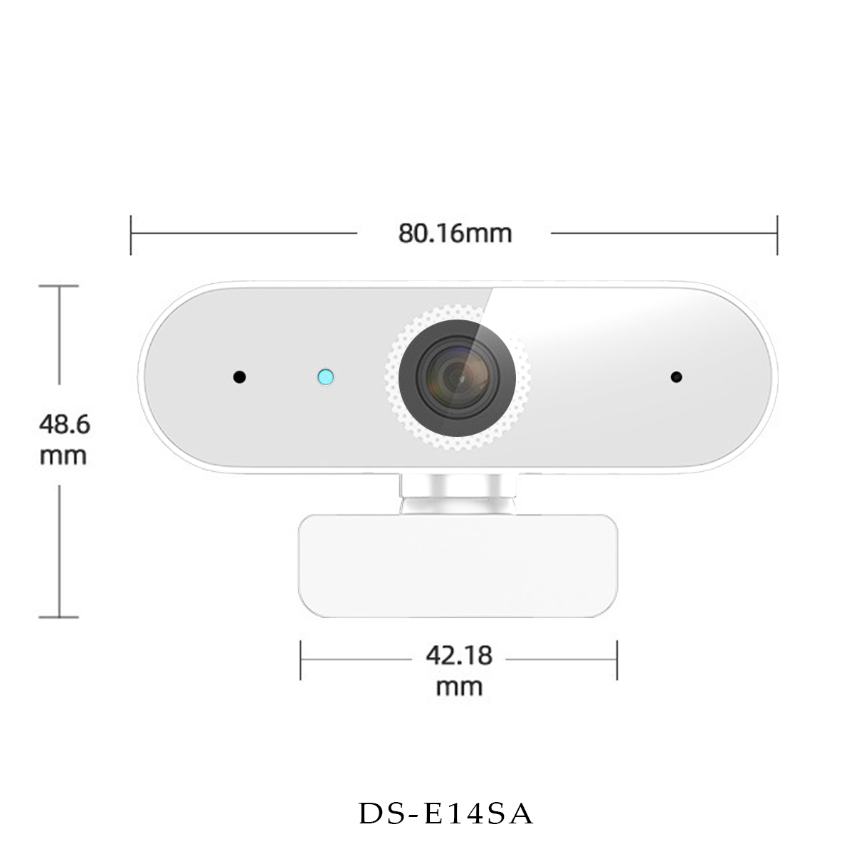 Weiße Webcam mit Linse, Mikrofonlöchern und Abmessungen 80,16mm x 48,6mm.