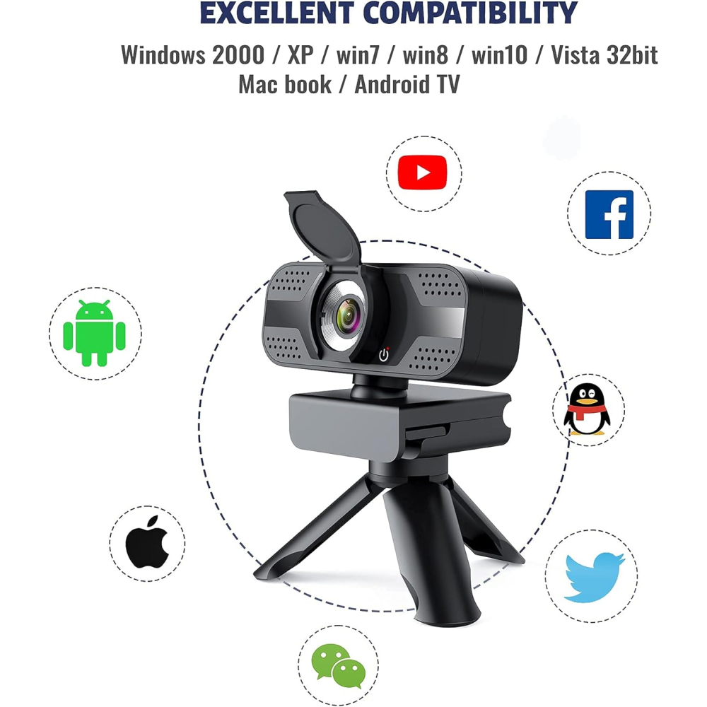 Webcam mit Stativ, umgeben von App-Logos wie Android, Apple, YouTube, Facebook, Twitter, Linux und WeChat.
