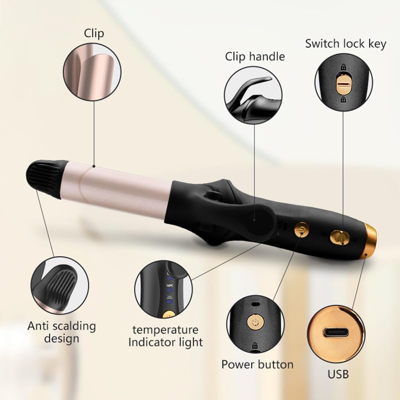 Ein schwarzer und goldener Lockenstab mit Beschriftungen für Clip, Griff, USB und mehr.