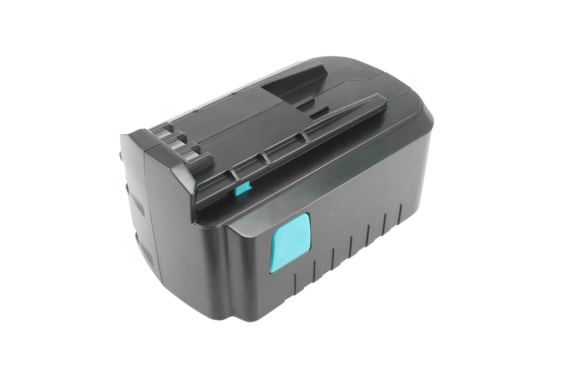 Ein schwarzer Akku mit blauen Akzenten auf weißem Hintergrund.