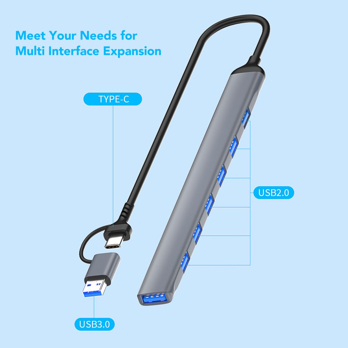 Grauer USB-C-Hub mit mehreren Ports und blauen USB-Anschlüssen.
