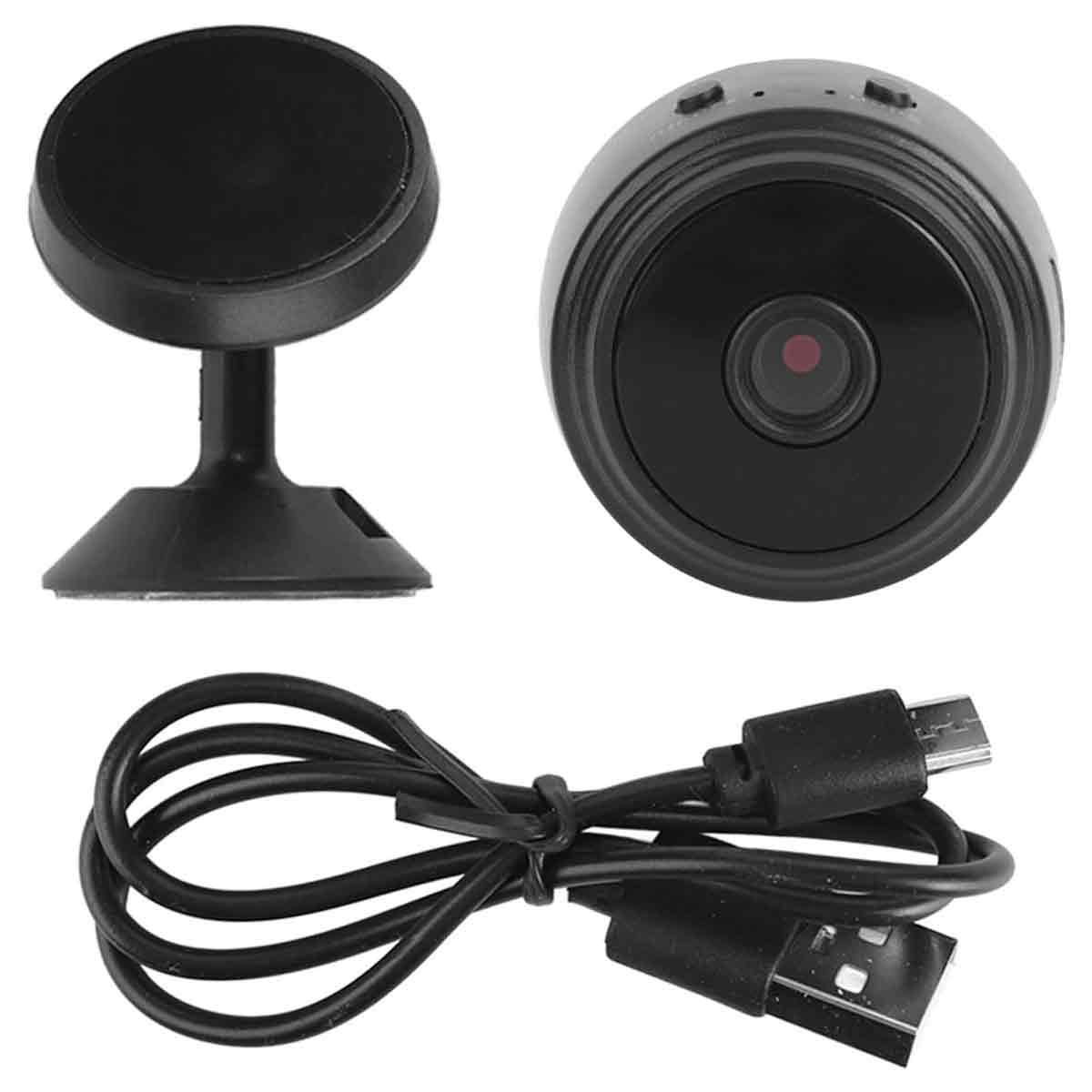 Schwarze Mini-Kamera, Ständer und USB-Kabel auf weißem Hintergrund.