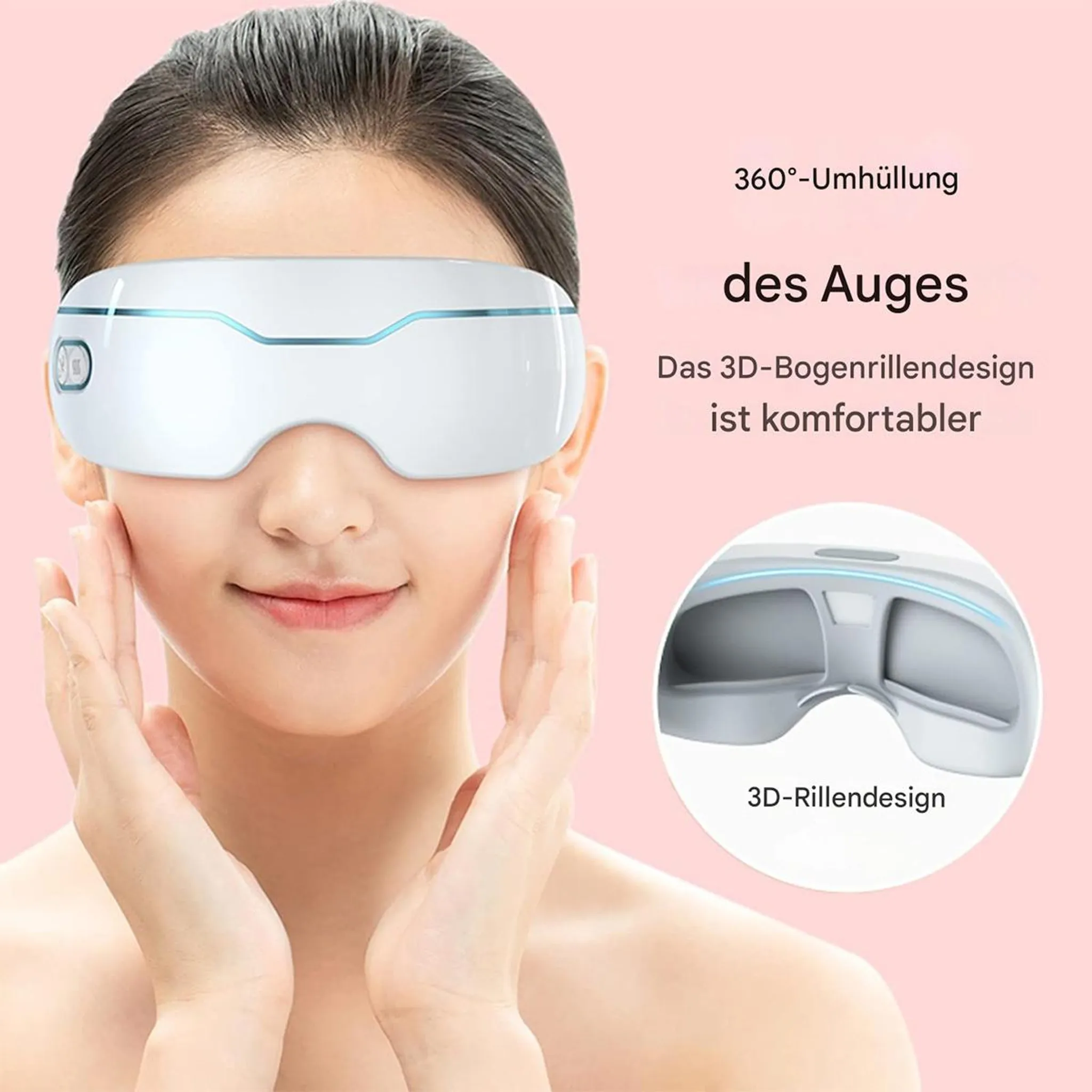 Eine Frau trägt eine weiße Augenmaske mit blauen Akzenten. Nahaufnahme.