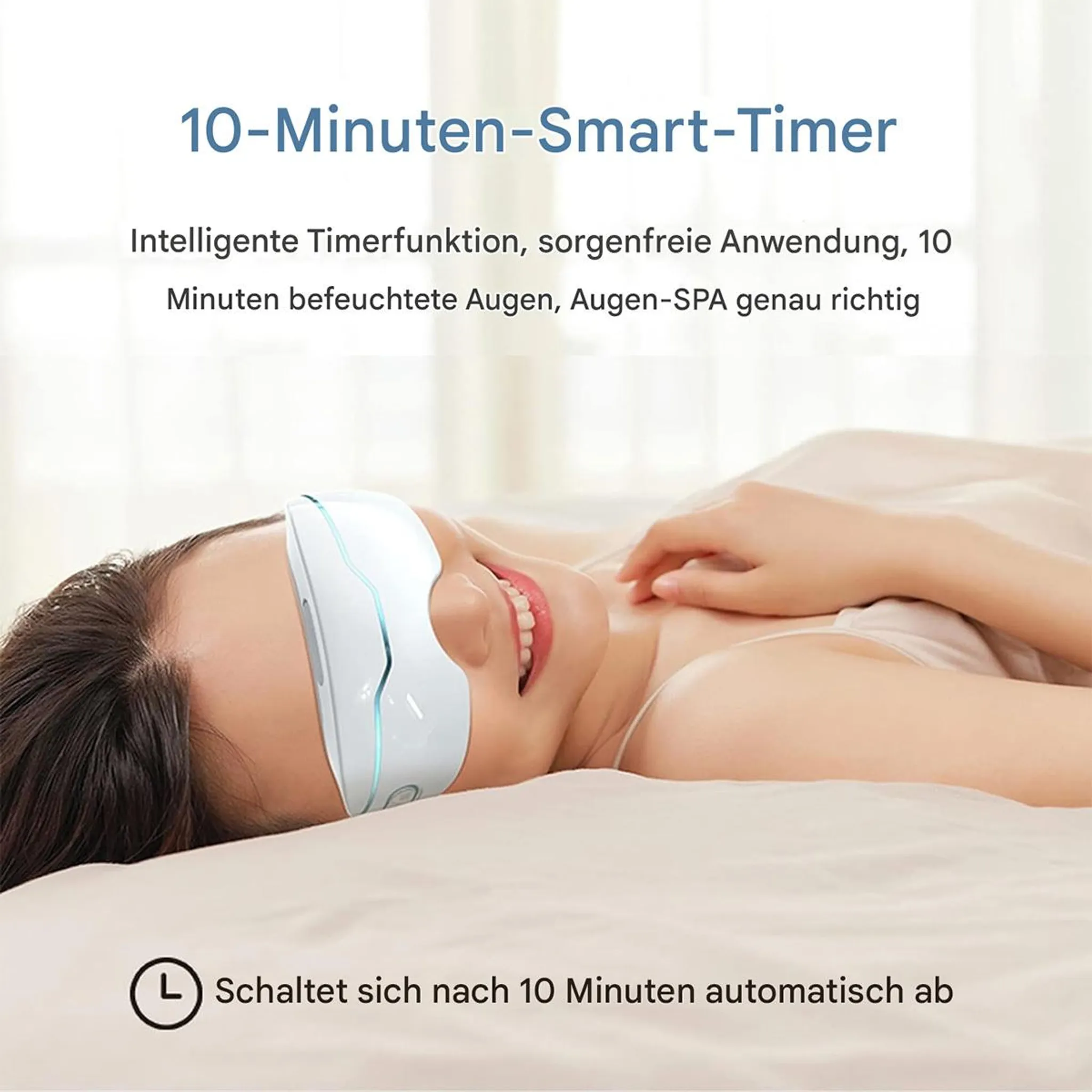 Frau mit Augenmaske auf einem Bett liegend, mit Text über Timerfunktion.