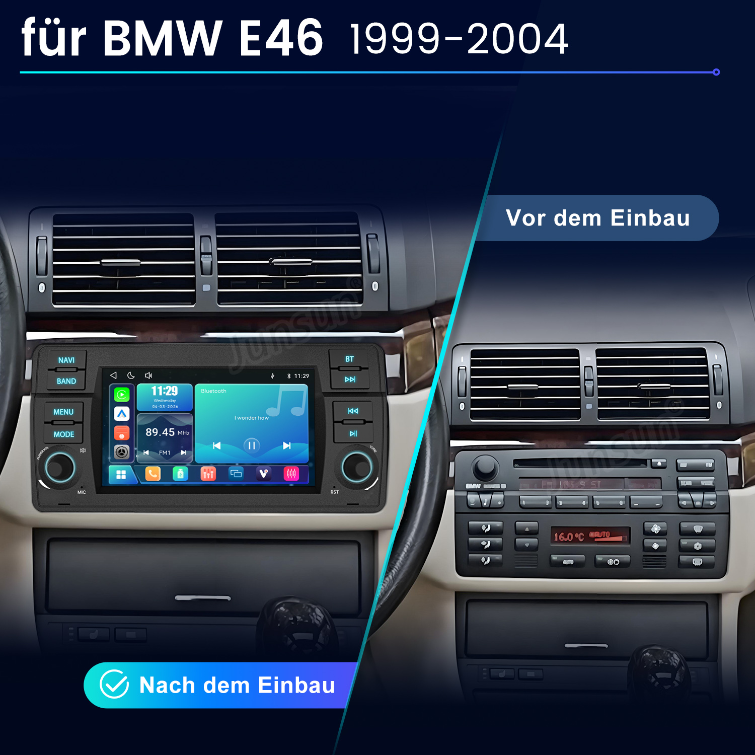 Vorher/Nachher-Vergleich eines BMW E46 Autoradios, neu und alt.