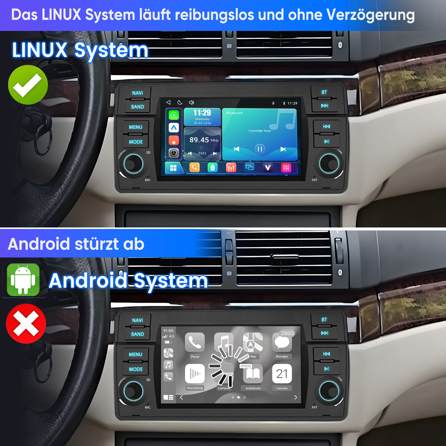 Vergleich von Auto-Infotainmentsystemen: LINUX-System (oben) und Android-System (unten).