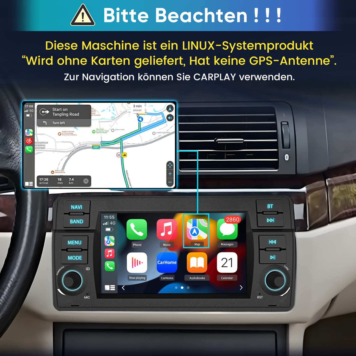 Autoinnenraum mit Navigationsbildschirm, der eine Karte anzeigt. Warnhinweis auf Deutsch.