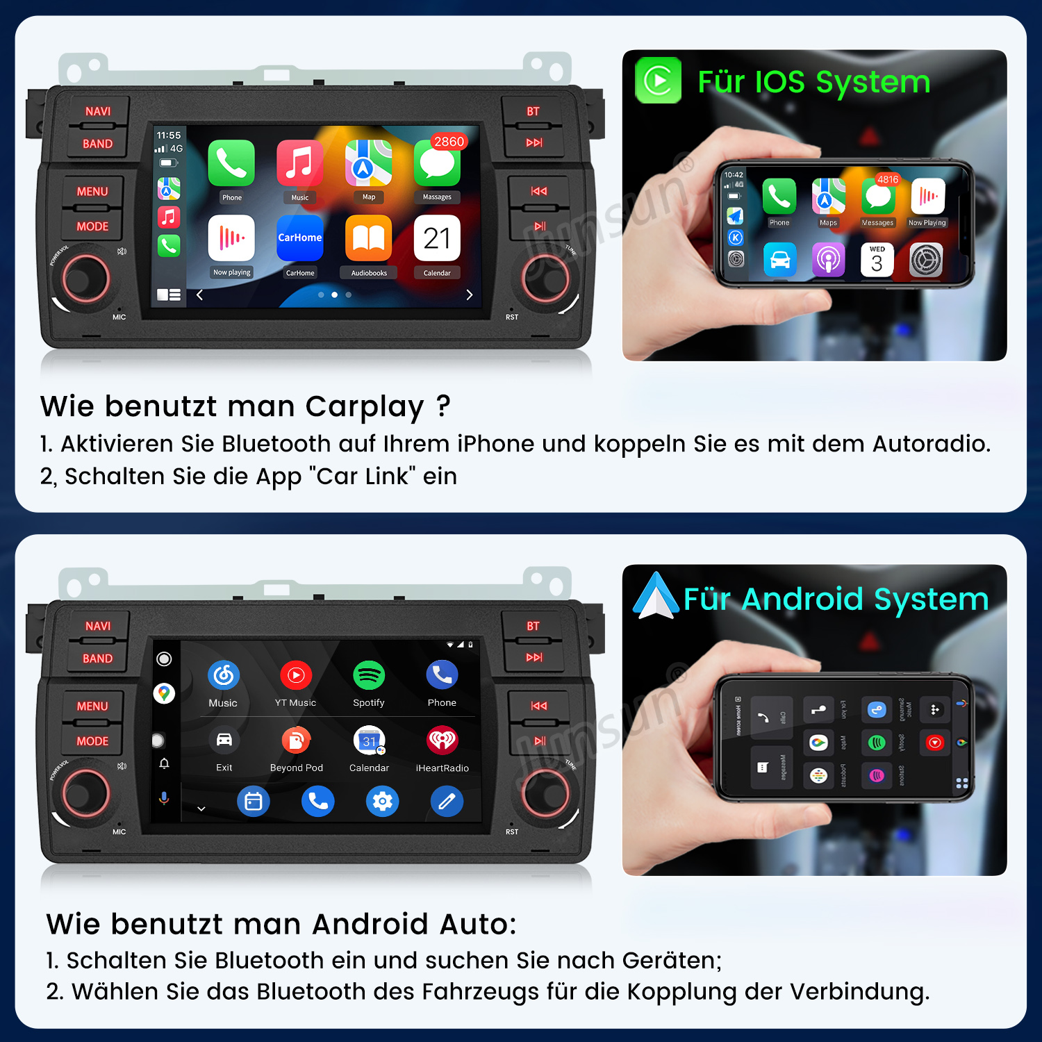 Bildschirmansicht von Autoradios mit CarPlay und Android Auto. Ein iPhone zeigt CarPlay, ein anderes Smartphone Android Auto.