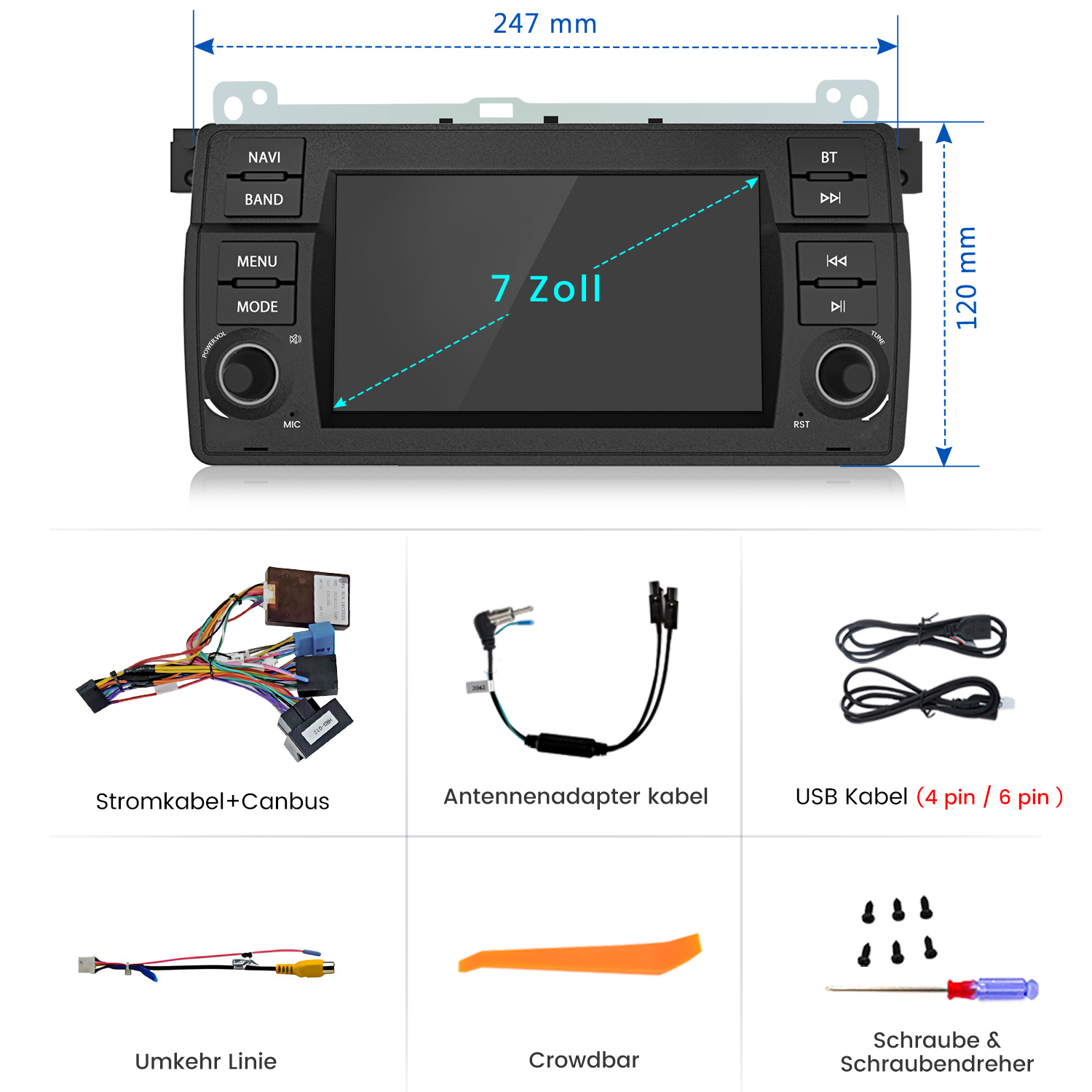 Autoradio mit Zubehör: Kabel, USB, Antenne, Schrauben, Werkzeug.